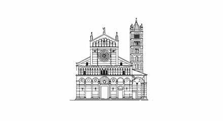 Obraz premium Detailed architectural drawing of a grand cathedral with a tall bell tower