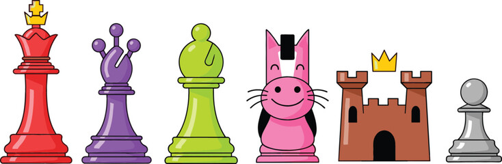 Colorful cartoon chess pieces set including king, pawns, rook castle and playful characters isolated on white, strategy game concept, fun educational illustration © MdRashed