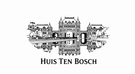Fototapeta premium Detailed architectural sketch of a grand building with ornate features, mirrored in water