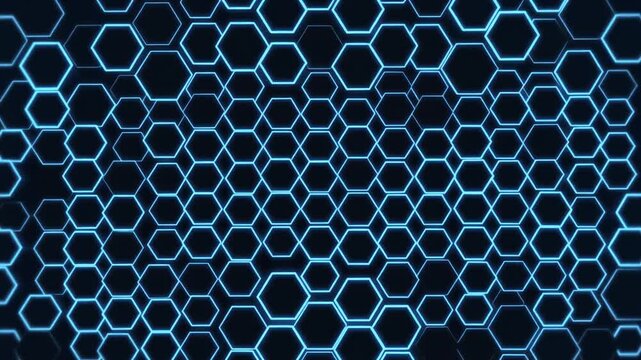 Pulsating blue hexagonal grid animation, abstract digital network pattern with glowing lines, moving in a subtle ripple effect, symbolizing connectivity, data, science