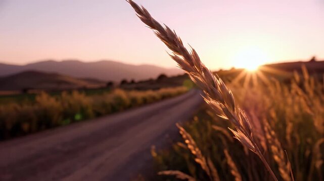 A close-up view of golden wheat stalks bathed in the warm light of a setting sun over a rural landscape with a winding road.