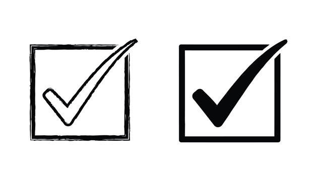 Checkmark in square box icon set featuring hand-drawn grunge style and clean geometric solid black style for task completion and validation UI design elements