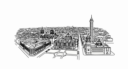 Fototapeta premium Detailed black and white line drawing of a grand cityscape with ornate buildings and a tall tower