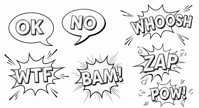 Comic book style sound and speech bubbles with text