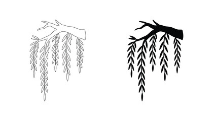 Willow tree branch with hanging leaves icon in outline and solid black vector style for nature graphics © TARU STOCKPLC