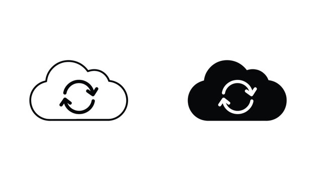 Cloud with refresh or update arrows icon in outline and solid black style for cloud computing and technology concepts