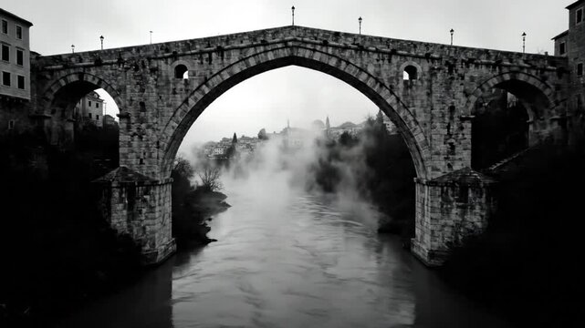 Dramatic black and white aerial view of historic stone bridge over foggy river in overcast daylight