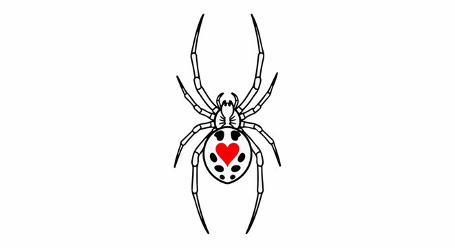 Detailed illustration of a black widow spider with a red heart marking