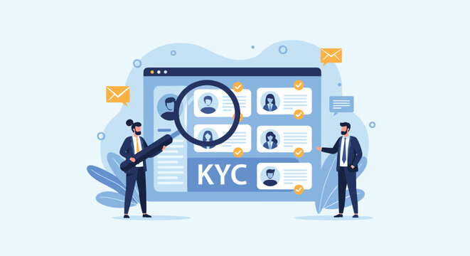 Security team using a large magnifying glass to verify identity profiles on a digital screen for know your customer kyc compliance protocols.