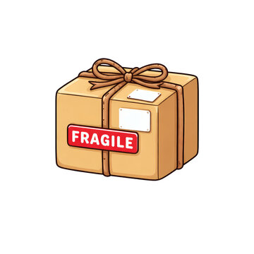 Cute package fragile label brown box tied with string cartoon style delivery shipping cheerful isolated mail