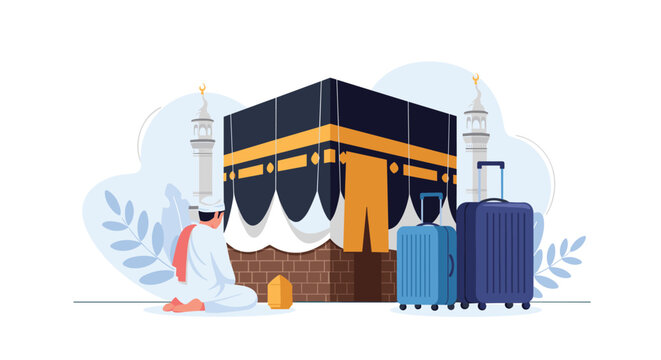 Devout muslim man kneeling in prayer before the holy kaaba in mecca with travel luggage prepared for the sacred hajj or umrah pilgrimage.
