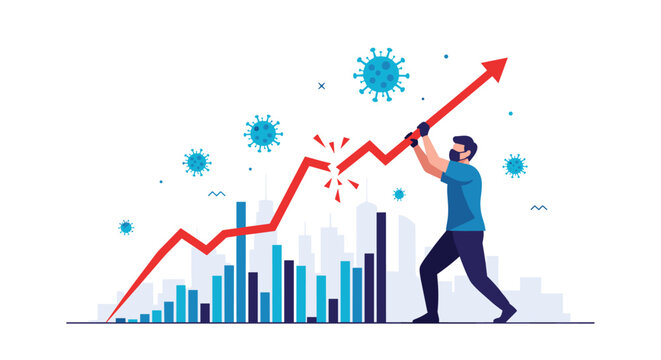 Healthcare professional wearing a face mask trying to fix a broken economic growth chart surrounded by virus particles representing covid impact.