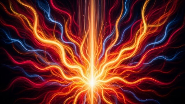 Abstract explosion of vibrant red, blue, and yellow glowing energy tendrils emanating from a bright central light source against a dark background.