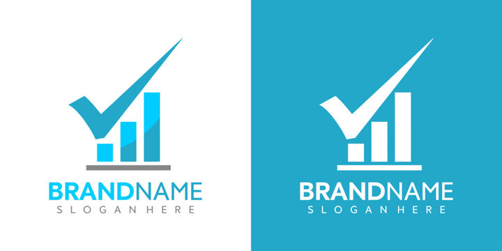A graphic designer creates a business logo with a checkmark and bar graph on a blue background for a company.