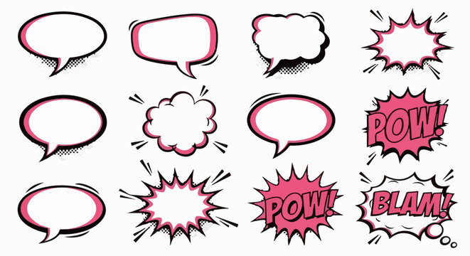 Collection of comic book speech and action sound effect bubbles