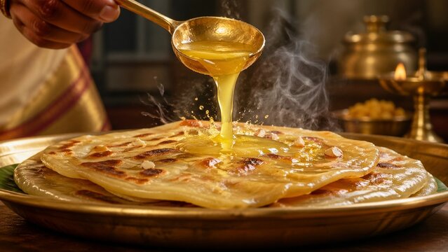 Golden ghee is generously poured from a brass ladle onto a stack of warm, crispy parathas on a decorative brass plate, creating a visually appealing and appetizing scene of traditional Indian cuisine.