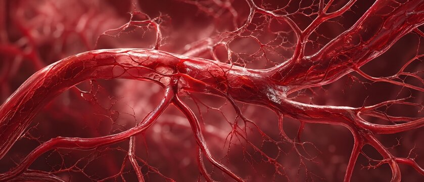 Close-up microscopic view of blood vessels and capillaries in the human circulatory system deep red hue sci