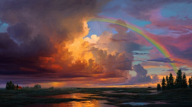 As the last drops of rain fell from the sky, the air shimmered with freshness, and a brilliant arc of colors stretched across the heavens, painting the world below in hues of hope and renewal. 