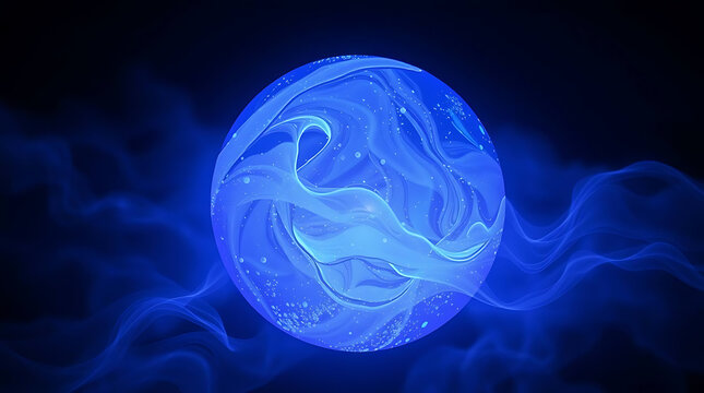 Glowing blue crystal ball with swirling energy, mystical magic orb on dark background, ethereal cosmic sphere with smoke and light effects