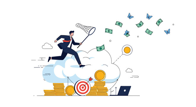Energetic businessman running through the clouds with a butterfly net to catch flying money bills and coins representing financial pursuits.