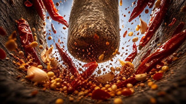 Heavy stone pestle crushing fresh spicy chili peppers and organic garlic cloves inside a rustic mortar creating a dynamic culinary explosion of vibrant kitchen ingredients