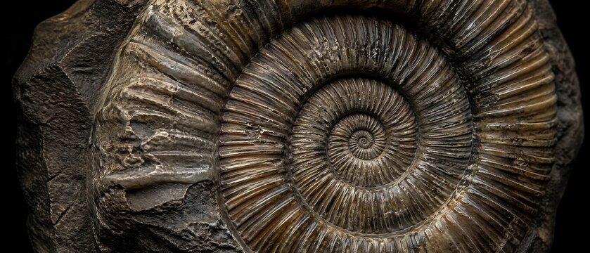 Ancient spiraled ammonite fossil with textured stone surface and dark details ammonite prehistoric paleontology