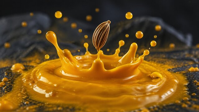 Single cumin seed falling into a vibrant yellow liquid creating a perfect crown splash effect against a dark textured surface captured in high speed photography