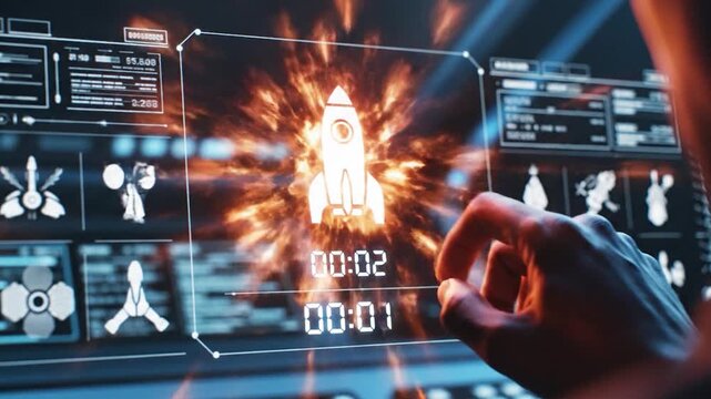 A futuristic digital interface displays a rocket icon, symbolizing innovation and technological advancement in a modern setting