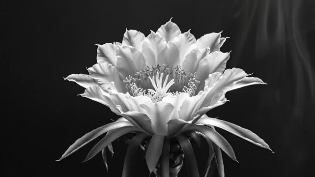 Black and white time lapse of a cactus flower blooming with delicate petals, surrounded by smoke