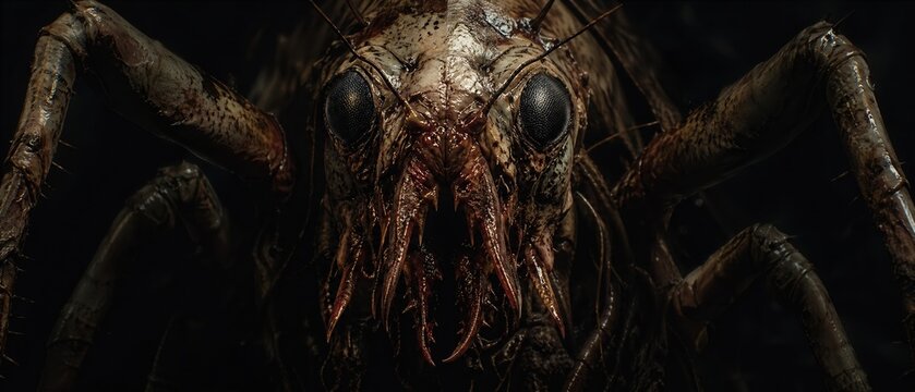 Close-up of a frightening insect-like creature's face with computer generated creature close-up frightening darkness