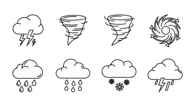 Collection of diverse weather condition icons including storms, tornadoes, and precipitation