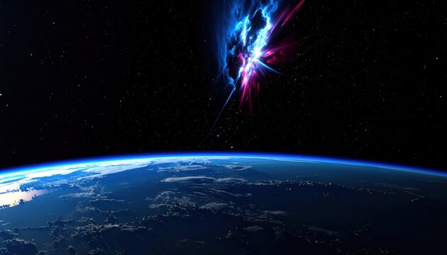 Earth from space with solar flare.