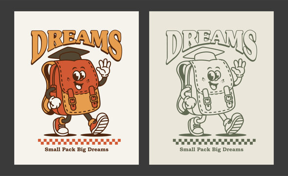 Retro back to school poster design with a cute cartoon backpack character wearing a graduation cap, vintage style illustration with inspirational typography
