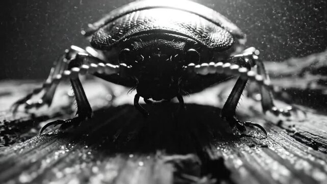 Black and White Macro Shot of a Shiny Beetle on a Textured Wooden Surface with Futuristic Beams