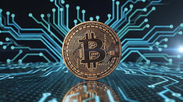 A gleaming Bitcoin coin rests on a reflective surface, surrounded by a network of glowing circuit board patterns, symbolizing the digital currency's technological foundation.