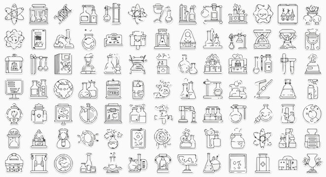 Collection of hand-drawn science laboratory icons and equipment