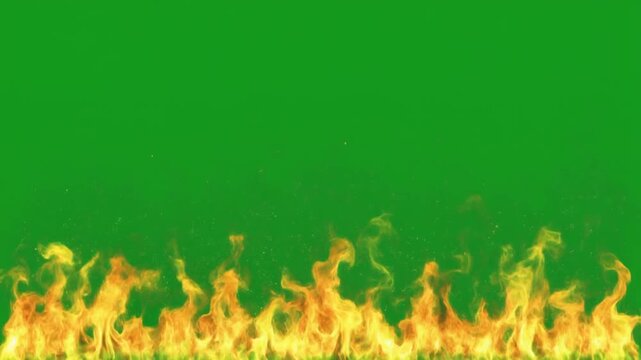 Dynamic realistic fire flames on green screen background, continuous burn with glowing embers and small particles, symbolizing energy, warmth, and intensity for visual