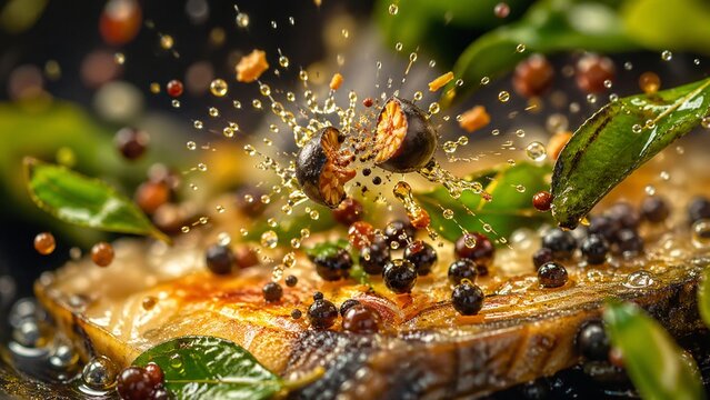 Fresh black peppercorns exploding into many tiny fragments above a beautifully seared piece of delicious golden fish fillet