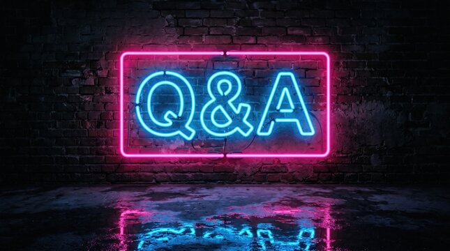 Q&a neon sign with blue letters and pink border glowing on dark brick wall with floor reflection questions reflection