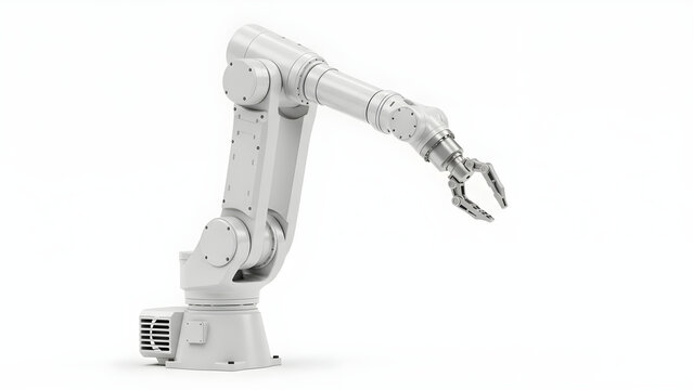 A robotic arm with a metal claw is positioned on a white surface.