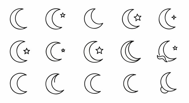 Collection of line art crescent moons and stars in various styles