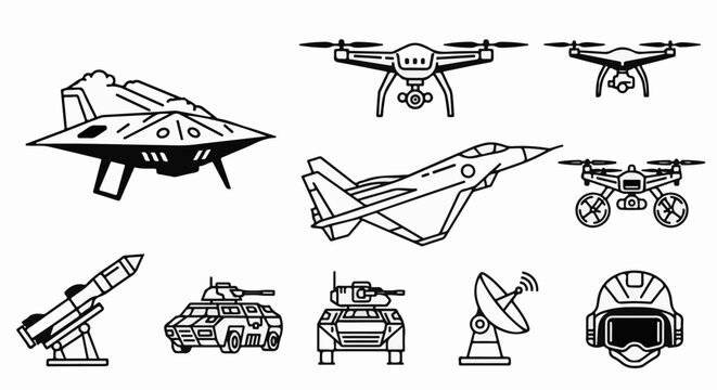 Collection of military and futuristic vehicles, aircraft, and equipment