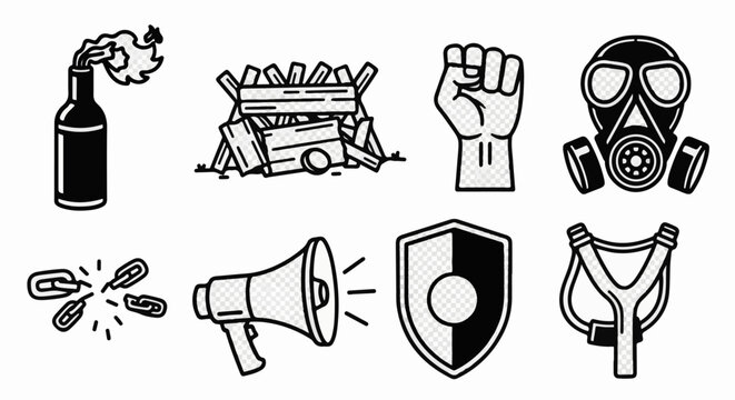 Collection of protest icons Molotov cocktail, barricade, raised fist, mask, links, megaphone, shield, slingshot