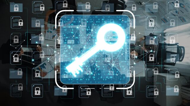 Bright Blue Digital Key Icon Surrounded by Security Locks and Data Connections in Modern Office Environment Sigmoid