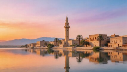 Obraz premium Sunset view of mosque by water