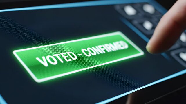 A close-up shot depicts a hand pressing a 'VOTE' button on a digital screen, symbolizing democratic participation and the electoral process.