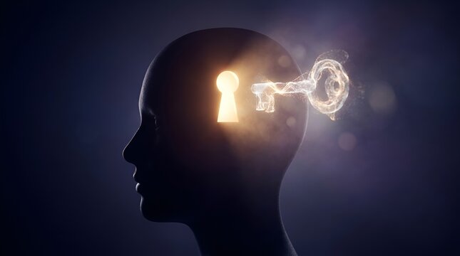 Key opening a glowing keyhole inside a silhouette of a human head representing mind and ideas