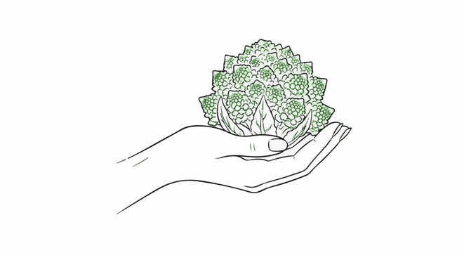 Delicate hand holding a fractal green vegetable with leaves