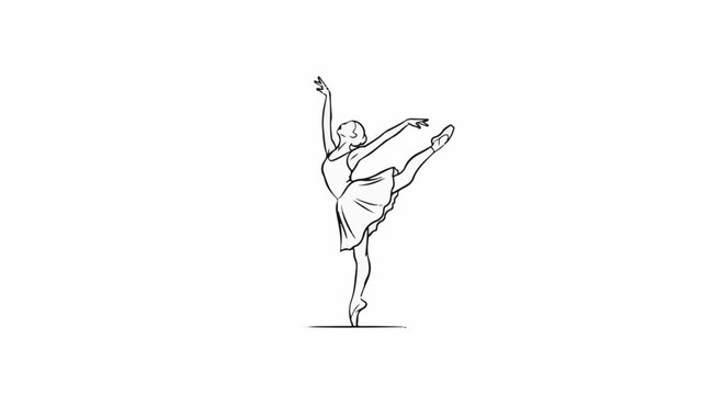 Delicate line art depicts a ballerina in arabesque pose, graceful movement