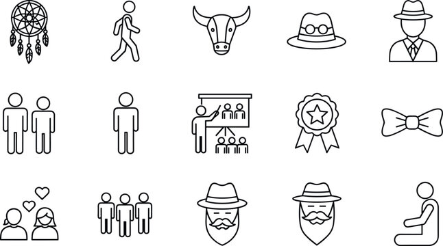 Minimal Line Icon Set with Human Characters Hats Award Symbols and Lifestyle Outline Elements for Modern UI Design Collection